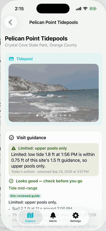 Pelican Point Tidepools at low tide: visit guidance, current tide and surf, and the day's tide chart.
