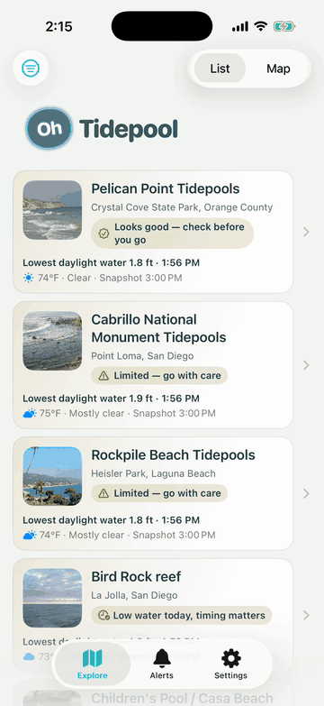 The Explore list of sites ranked by today's conditions, scrolled through and then shown on a map.